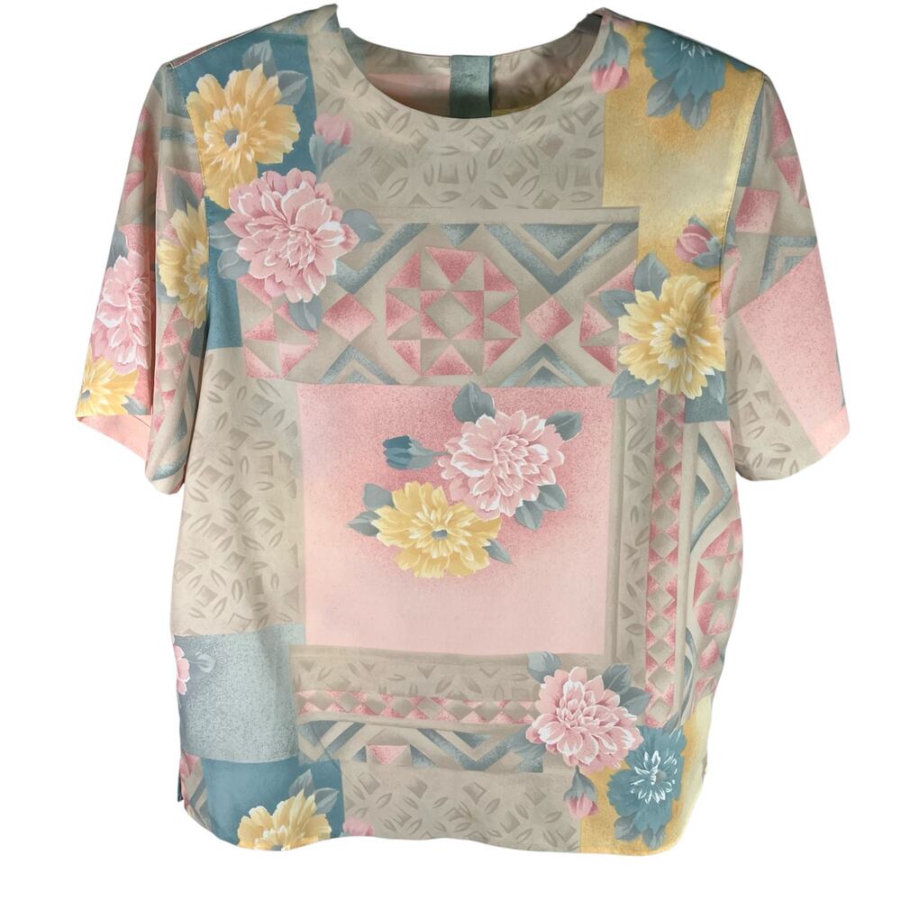 Alfred Dunner Floral Patchwork Blouse Sz 12 Pastel Pink Yellow Vintage Cottage‎